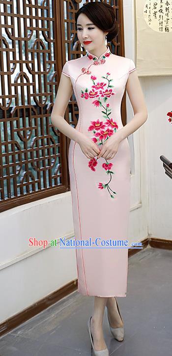 Chinese Traditional Pink Mandarin Qipao Dress National Costume Embroidered Silk Cheongsam for Women