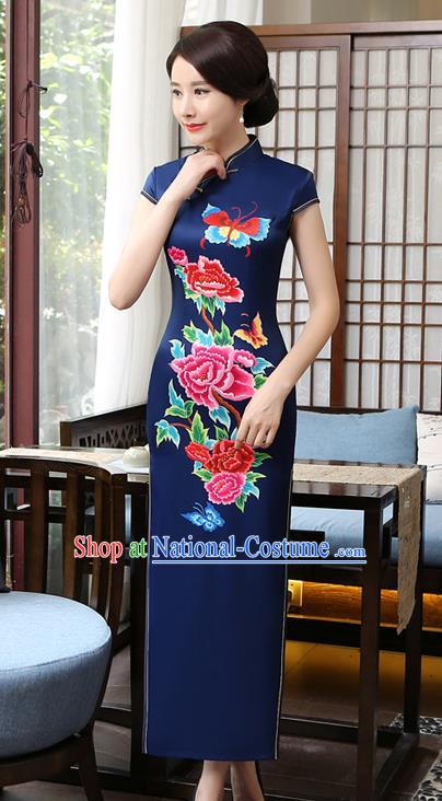 Chinese Traditional Tang Suit Printing Peony Butterfly Qipao Dress National Costume Blue Silk Mandarin Cheongsam for Women