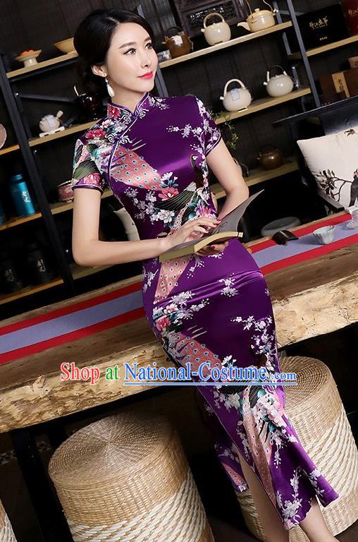 Chinese Traditional Printing Peacock Mandarin Qipao Dress National Costume Tang Suit Purple Cheongsam for Women