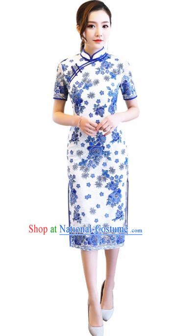 Chinese Traditional Tang Suit Qipao Dress National Costume Printing Blue Peony Mandarin Cheongsam for Women