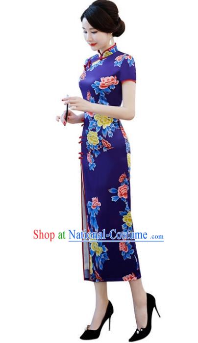 Chinese Traditional Tang Suit Blue Silk Qipao Dress National Costume Printing Peony Mandarin Cheongsam for Women