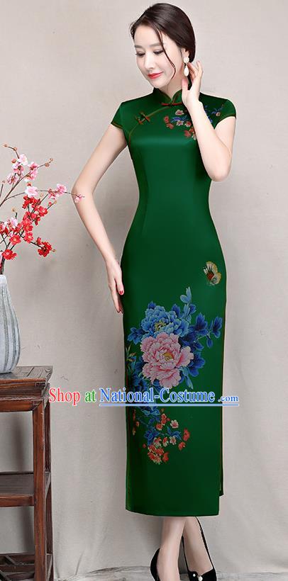 Chinese Traditional Tang Suit Printing Peony Silk Qipao Dress National Costume Retro Green Mandarin Cheongsam for Women