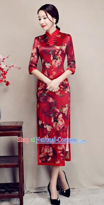 Chinese Traditional Tang Suit Printing Watered Gauze Qipao Dress National Costume Retro Mandarin Cheongsam for Women