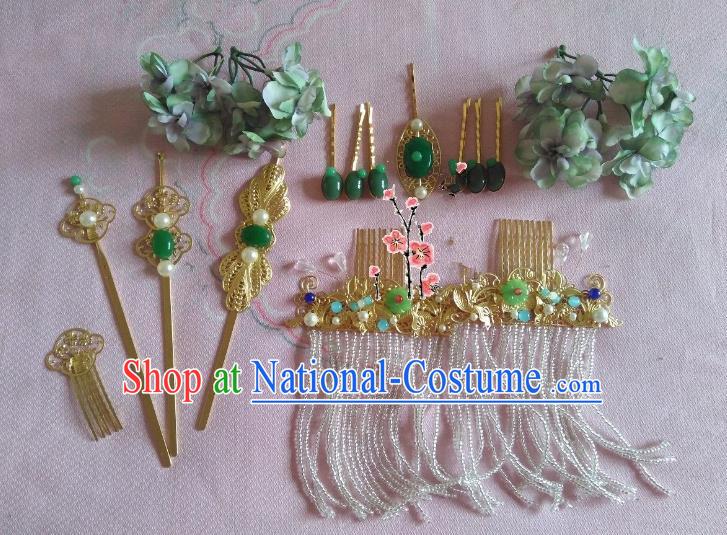 Traditional Chinese Ancient Wedding Hair Accessories Green Flowers Hair Stick Hairpins Complete Set for Women