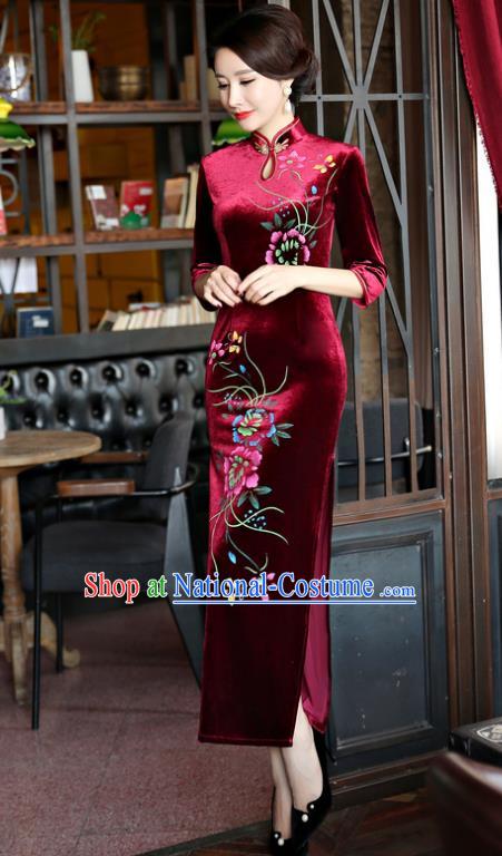 Top Grade Chinese Traditional Purplish Red Velvet Qipao Dress National Costume Tang Suit Mandarin Cheongsam for Women