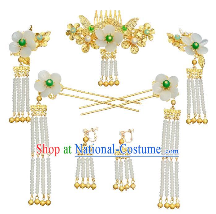 Traditional Chinese Ancient Bride Hair Accessories Xiuhe Suit Hairpins White Flowers Hair Comb Complete Set for Women