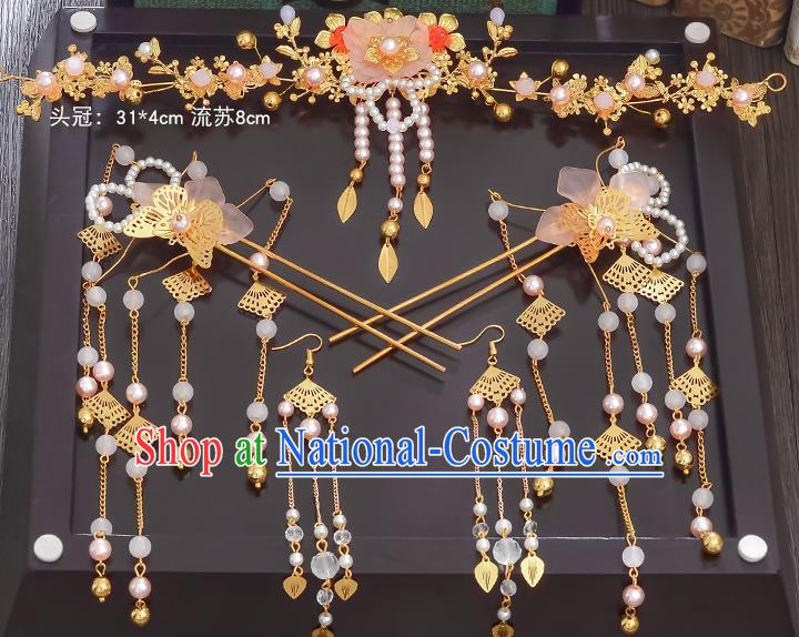 Traditional Chinese Ancient Bride Hair Accessories Xiuhe Suit Hairpins Flowers Hair Comb Complete Set for Women