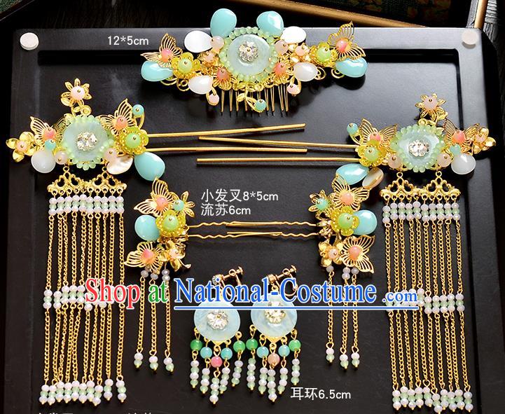 Traditional Chinese Ancient Bride Hair Accessories Xiuhe Suit Hairpins Green Jade Hair Comb Complete Set for Women