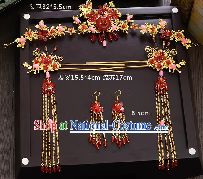 Traditional Chinese Ancient Bride Hair Accessories Xiuhe Suit Hairpins Red Jade Hair Clasp Complete Set for Women