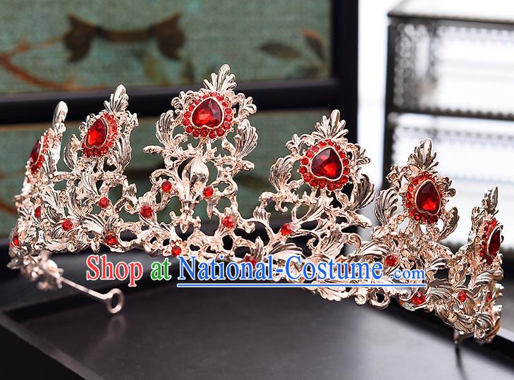 Handmade Bride Wedding Hair Accessories Red Crystal Royal Crown for Women