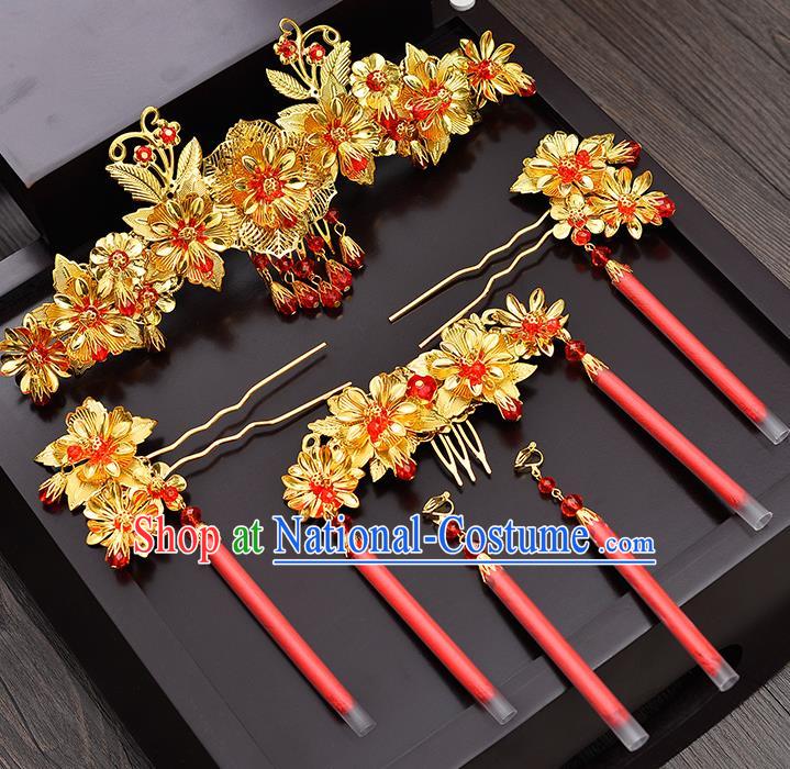 Traditional Chinese Ancient Bride Hair Accessories Xiuhe Suit Hairpins Golden Hair Comb Complete Set for Women