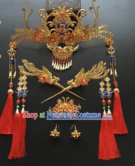 Traditional Chinese Ancient Wedding Phoenix Coronet Hair Accessories Tassel Hairpins Complete Set for Women