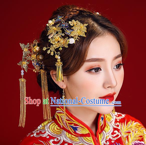 Traditional Chinese Ancient Bride Hair Accessories Xiuhe Suit Blueing Hairpins Complete Set for Women