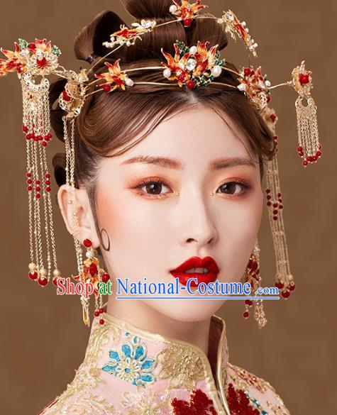 Traditional Chinese Ancient Bride Hair Accessories Xiuhe Suit Goldfish Phoenix Coronet Hairpins Complete Set for Women