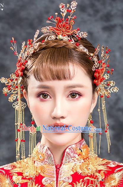 Traditional Chinese Ancient Bride Hair Accessories Xiuhe Suit Hairpins Chinese Knots Phoenix Coronet Complete Set for Women