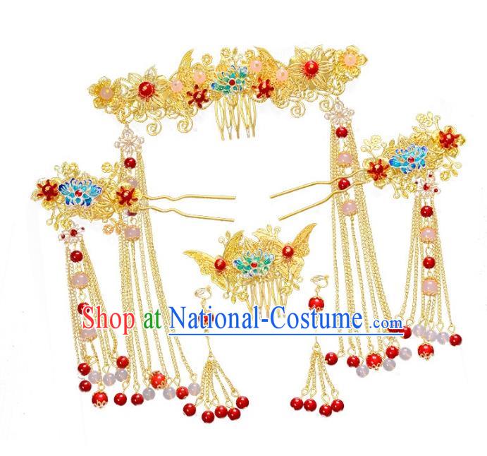 Traditional Chinese Ancient Bride Hair Accessories Xiuhe Suit Hairpins Blueing Lotus Hair Clasp Complete Set for Women