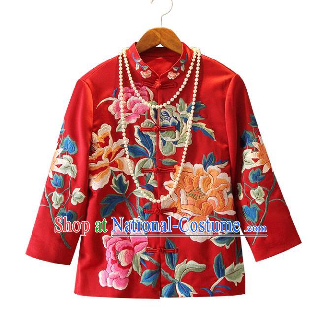 Chinese Traditional National Red Cheongsam Shirt Tangsuit Stand Collar Embroidered Coats for Women