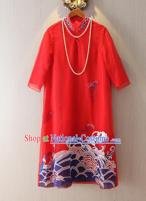 Chinese Traditional National Cheongsam Tangsuit Embroidered Red Qipao Dress for Women