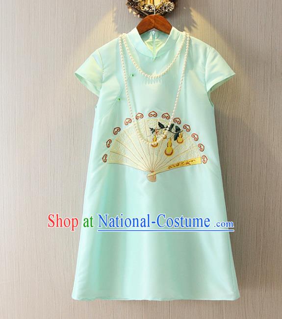 Chinese Traditional National Cheongsam Tangsuit Embroidered Blue Short Dress for Women