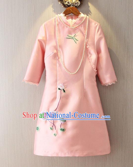 Chinese Traditional National Costume Pink Cheongsam Tangsuit Embroidered Short Dress for Women