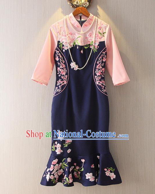 Chinese Traditional National Costume Navy Cheongsam Tangsuit Embroidered Short Dress for Women