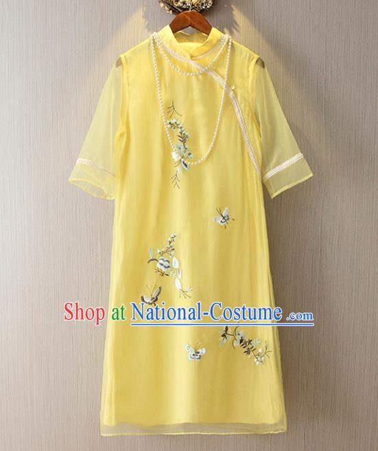 Chinese Traditional National Costume Yellow Cheongsam Tangsuit Embroidered Butterfly Short Dress for Women