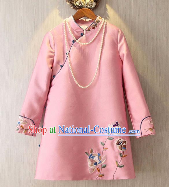 Chinese Traditional National Costume Pink Cheongsam Tangsuit Embroidered Qipao Dress for Women