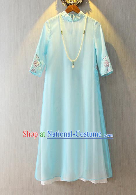 Chinese Traditional National Cheongsam Costume Tangsuit Blue Dress for Women