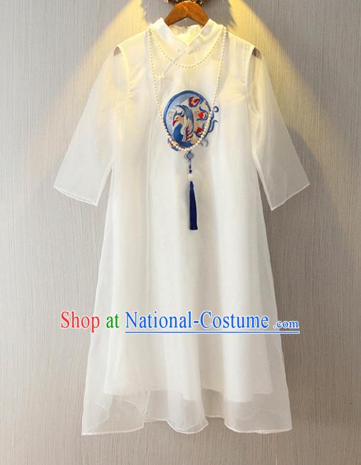 Chinese Traditional National Cheongsam Costume Tangsuit Embroidered White Dress for Women