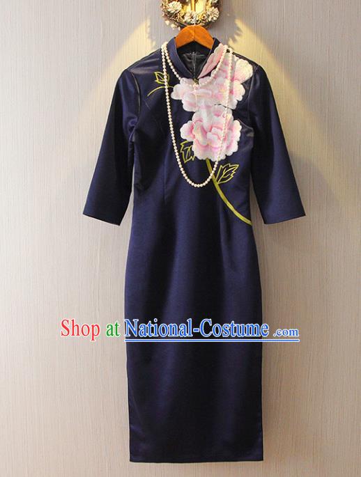 Chinese Traditional National Cheongsam Costume Tangsuit Embroidered Navy Dress for Women