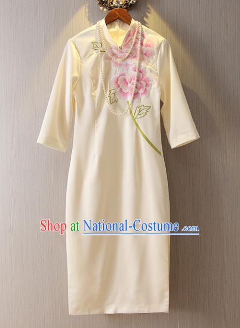 Chinese Traditional National Cheongsam Costume Tangsuit Embroidered White Dress for Women