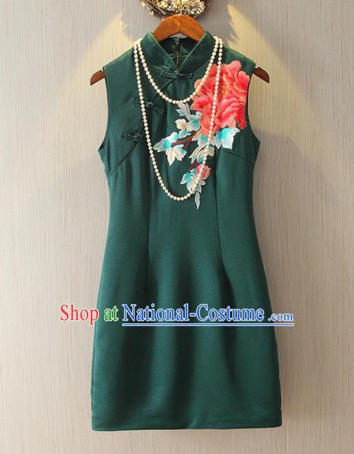 Chinese Traditional National Cheongsam Dress Tangsuit Embroidered Green Qipao for Women