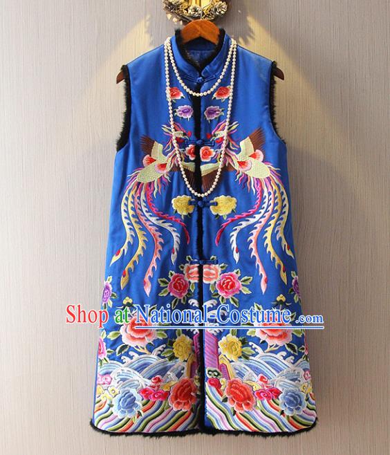 Chinese Traditional National Cheongsam Long Vest Tangsuit Embroidered Phoenix Blue Waistcoat for Women