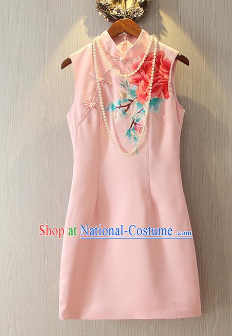 Chinese Traditional National Cheongsam Dress Tangsuit Embroidered Pink Qipao for Women