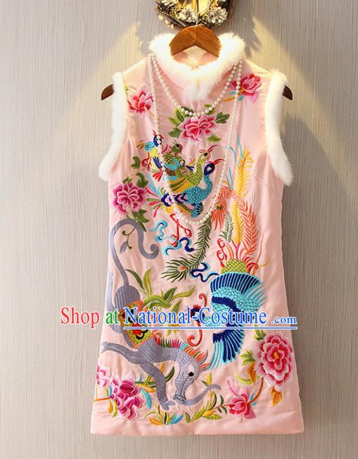 Chinese Traditional National Cheongsam Pink Dress Tangsuit Embroidered Qipao for Women