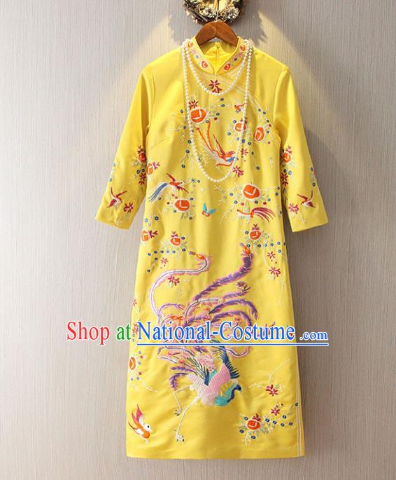 Chinese Traditional National Cheongsam Dress Tangsuit Embroidered Phoenix Yellow Qipao for Women