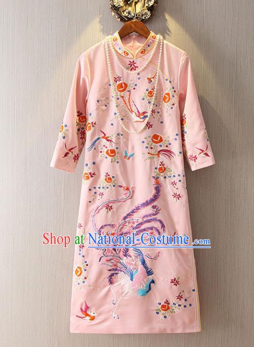 Chinese Traditional National Cheongsam Dress Tangsuit Embroidered Phoenix Pink Qipao for Women