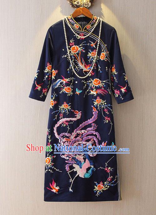 Chinese Traditional National Cheongsam Dress Tangsuit Embroidered Phoenix Navy Qipao for Women