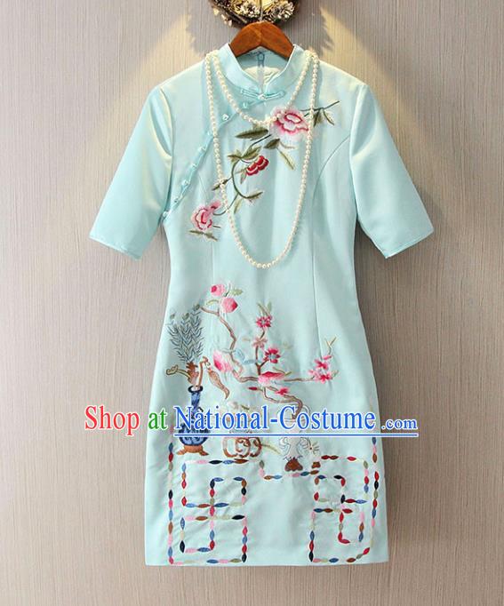 Chinese Traditional National Costume Blue Cheongsam Tangsuit Embroidered Qipao Dress for Women