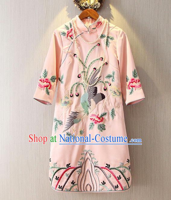 Chinese Traditional National Costume Pink Cheongsam Tangsuit Embroidered Qipao Dress for Women