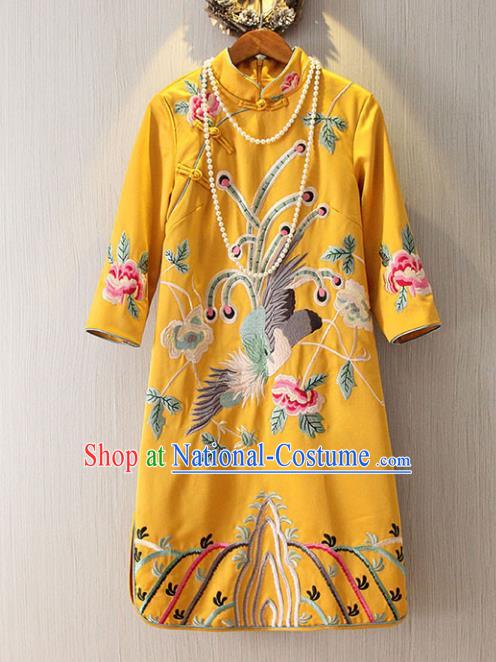 Chinese Traditional National Costume Yellow Cheongsam Tangsuit Embroidered Qipao Dress for Women