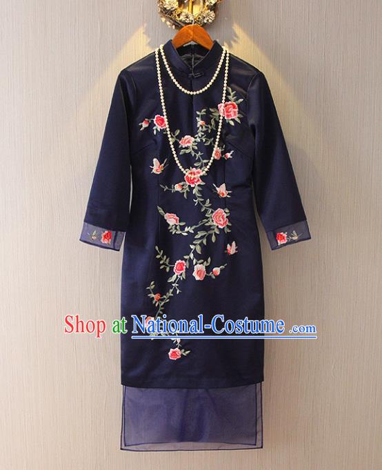 Chinese Traditional National Costume Tangsuit Embroidered Navy Cheongsam Dress for Women