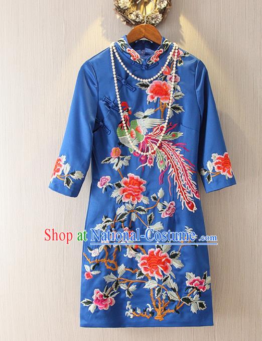 Chinese Traditional National Costume Tangsuit Embroidered Phoenix Peony Blue Cheongsam Dress for Women