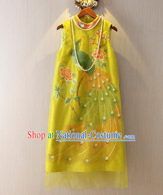 Chinese Traditional National Costume Tangsuit Yellow Cheongsam Dress for Women