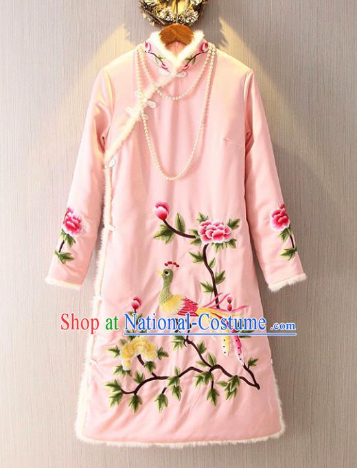 Chinese Traditional National Costume Pink Qipao Tangsuit Embroidered Cheongsam Dress for Women