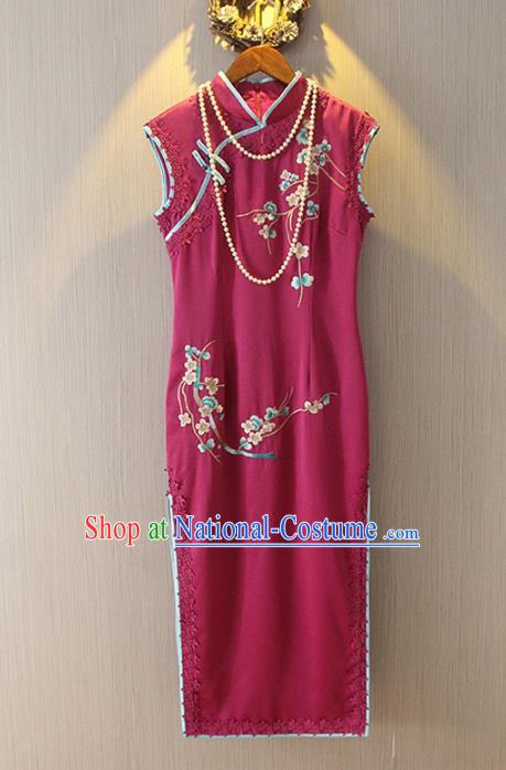 Chinese Traditional National Costume Red Qipao Tangsuit Embroidered Cheongsam Dress for Women