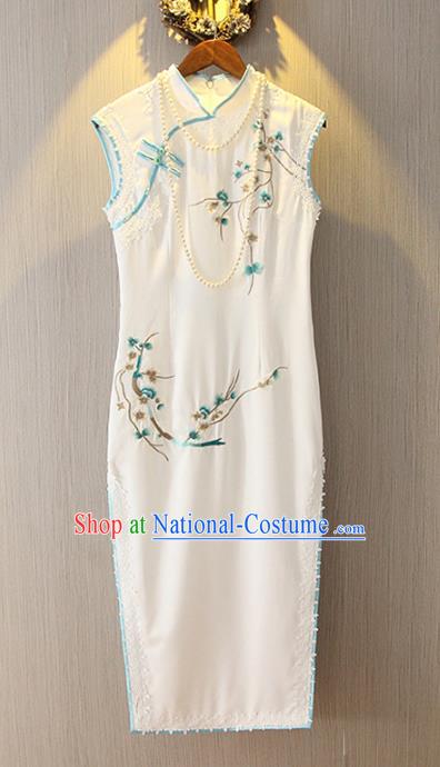 Chinese Traditional National Costume White Qipao Tangsuit Embroidered Cheongsam Dress for Women