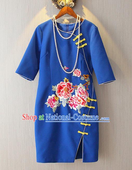 Chinese Traditional National Costume Blue Cheongsam Tangsuit Embroidered Peony Qipao Dress for Women