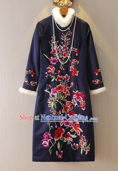 Chinese Traditional National Costume Embroidered Navy Cheongsam Tangsuit Qipao Dress for Women