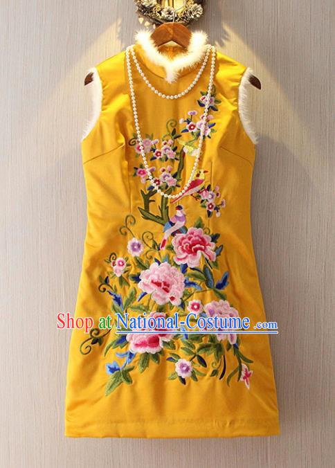 Chinese Traditional National Costume Embroidered Yellow Cheongsam Tangsuit Qipao Dress for Women